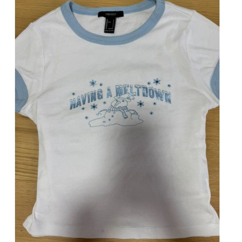 Forever 21 Y2K “Having a Meltdown” Baby Tee White Blue Ringer Top